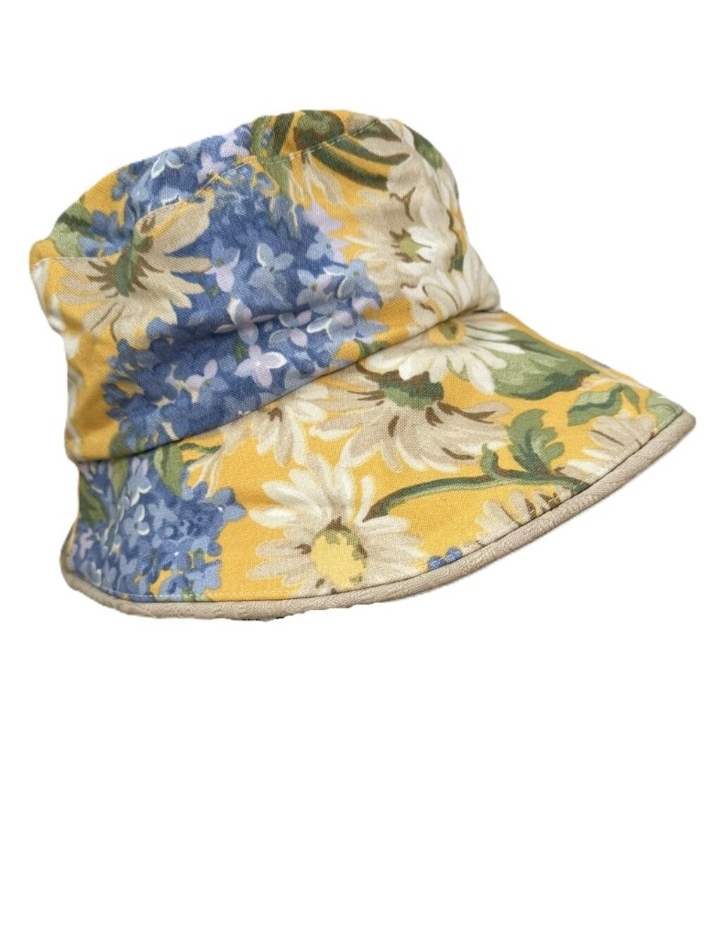 Brimmed Women's Canvas Gardening Hat Yellow with Blue, Green, White Floral